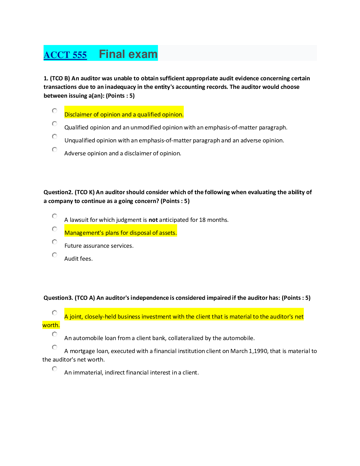 Preview image of .ACCT 555 Final exam document